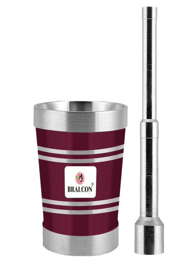 BRALCON BRLACON Premium Aluminium Mortar & Pestle Set - Maroon & Silver Finish - Heavy Duty Spice Grinder for Kitchen, Herbs & Masalas - 380gm - Image 1
